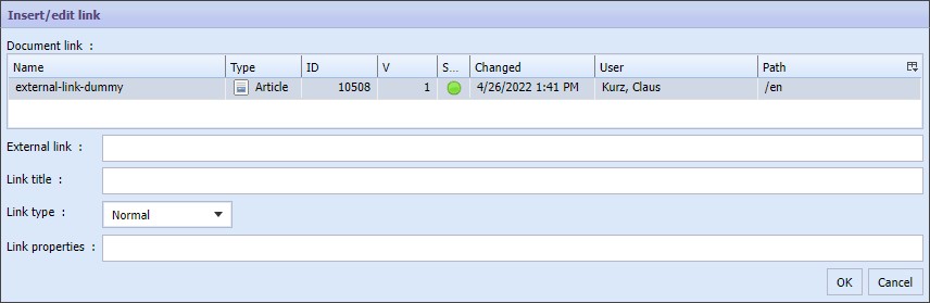 Richtext link dialog