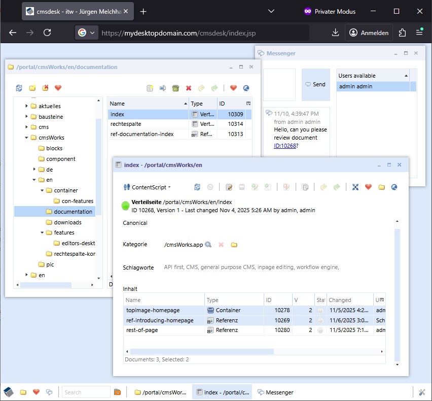 The windowed editors desktop showing a cmsExplorer, a messenger and a document window